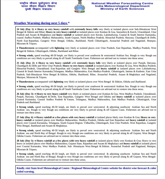 Indian Meteorological Department released 5 days red alert heavy rain states wise list 